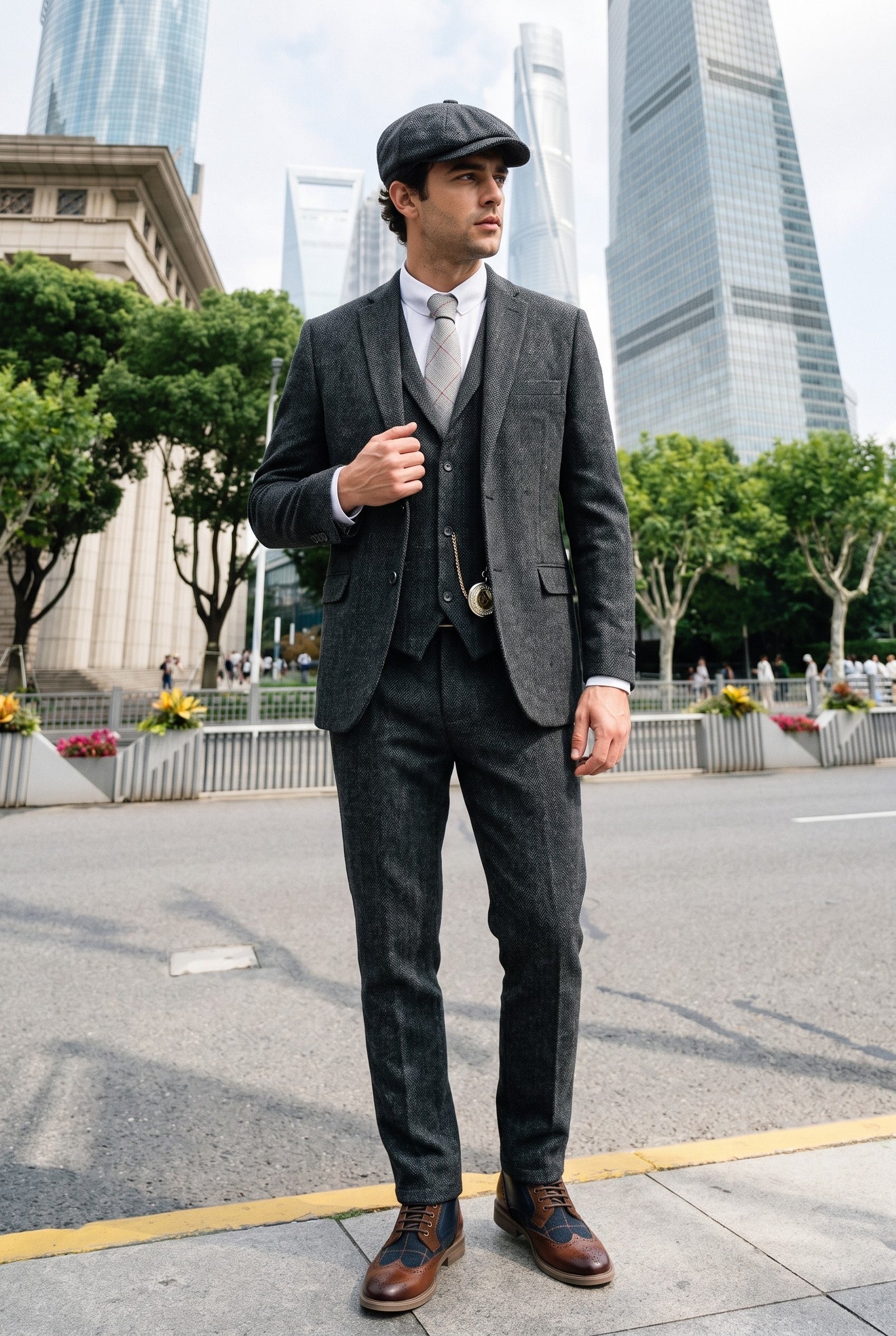Look #882 styled with Muško tamnosivo odijelo od tvida s uzorkom riblje kosti od 3 dijela - STZ11
