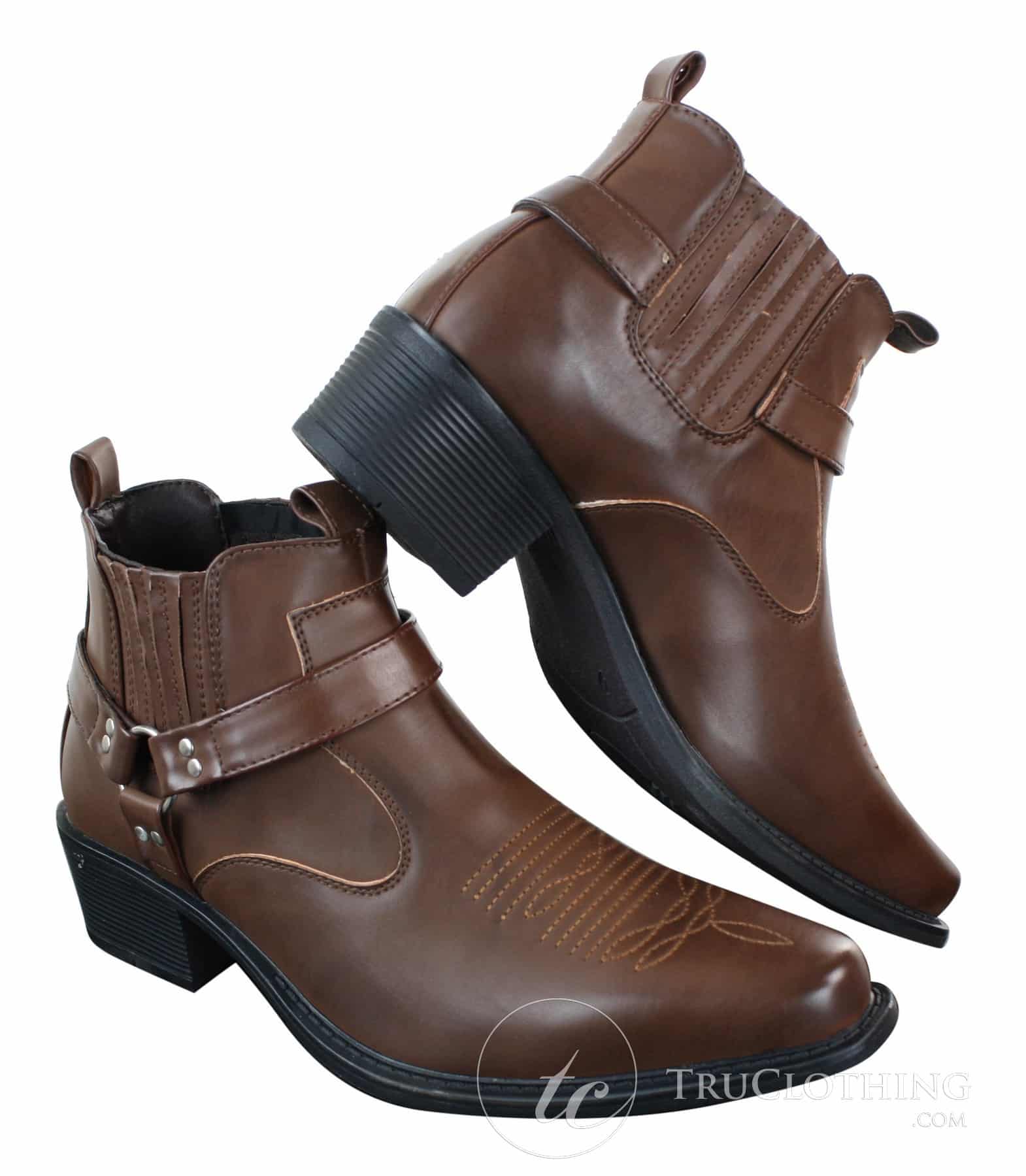 CLASSIQUE MBO 3136 Muške smeđe crne gležnjače od kože s kopčom za kaubojski stil jahanja