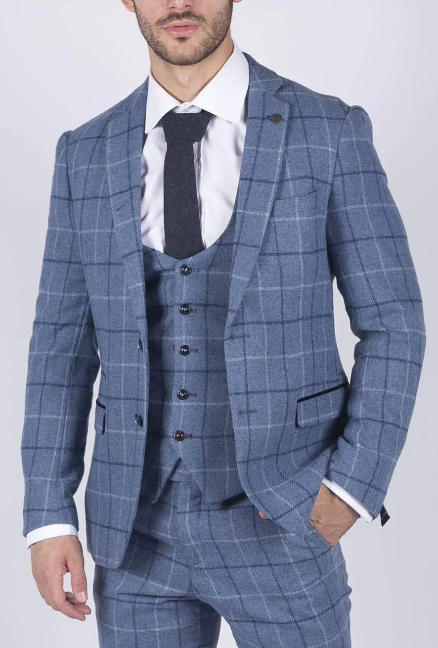 Muški Marc Darcy svijetloplavi tamnoplavi karirani sako elegantnog ležernog tvida slim kroja Clinton
