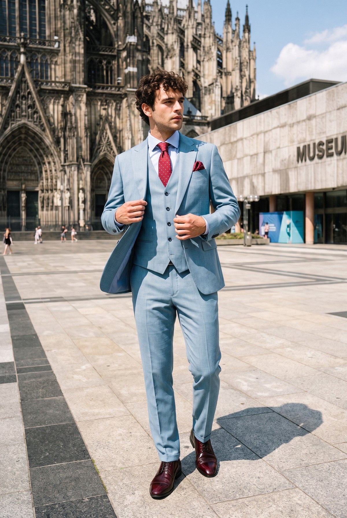 Look #953 styled with James - Muško svijetloplavo teksturirano odijelo od 3 dijela