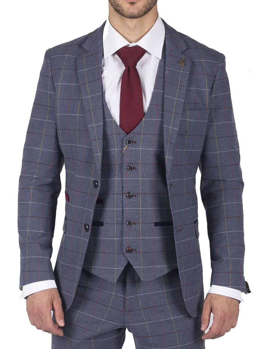 Muški Marc Darcy plavo-sivo-crveni karirani sako elegantnog ležernog tvida slim kroja, boja Drake