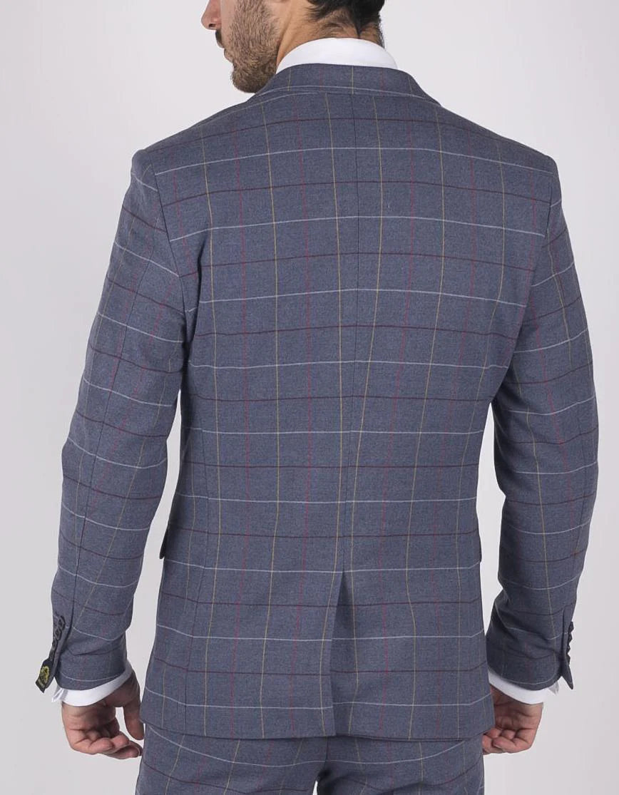 Muški Marc Darcy plavo-sivo-crveni karirani sako elegantnog ležernog tvida slim kroja, boja Drake