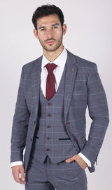 Muški Marc Darcy plavo-sivo-crveni karirani sako elegantnog ležernog tvida slim kroja, boja Drake