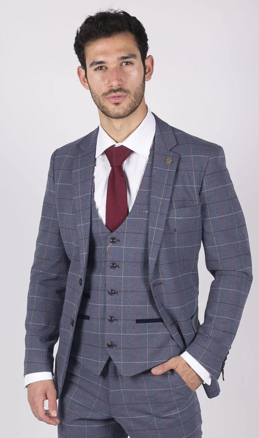 Muški Marc Darcy plavo-sivo-crveni karirani sako elegantnog ležernog tvida slim kroja, boja Drake