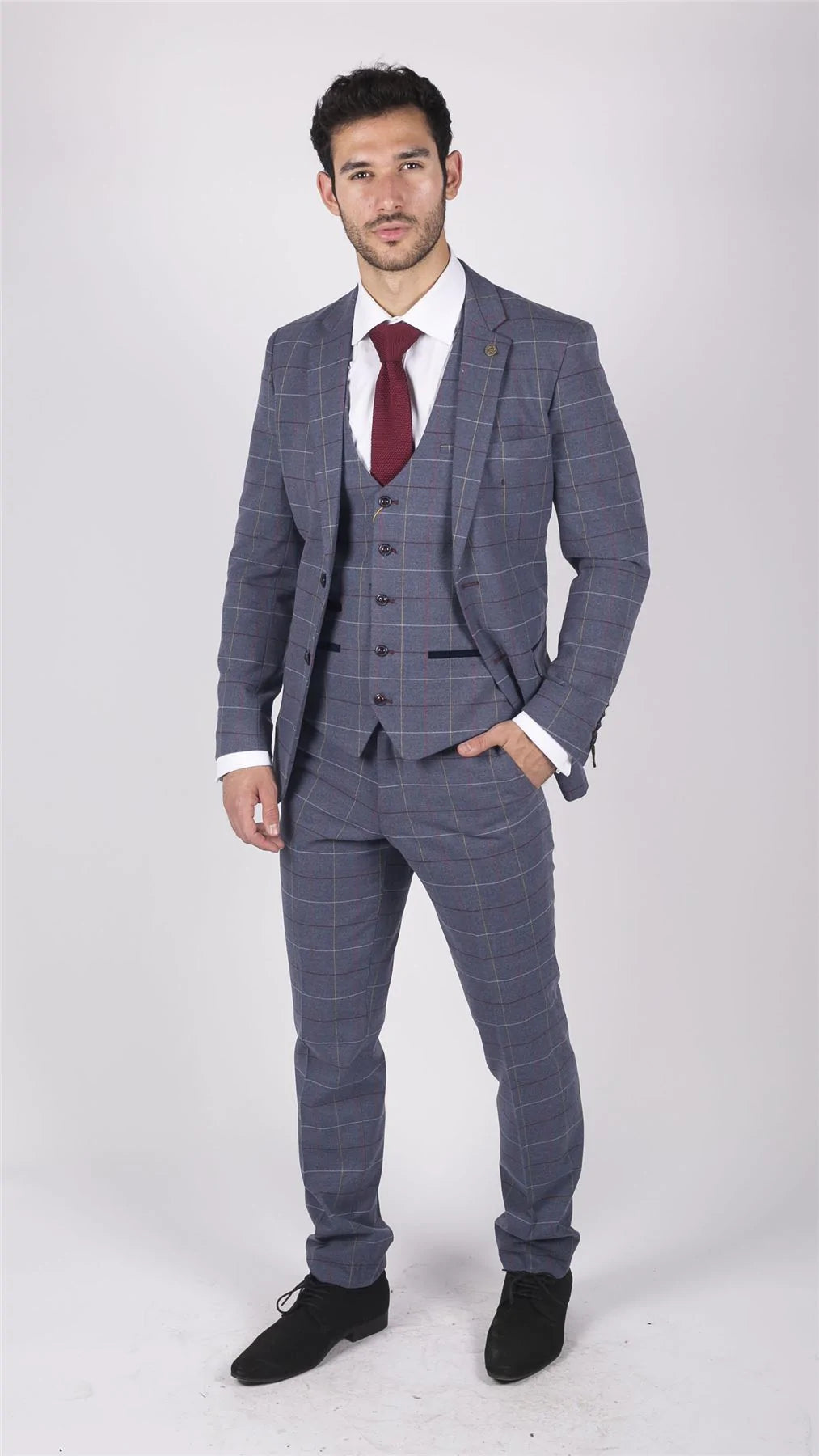 Muško Marc Darcy plavo-sivo crveno karirano odijelo od 3 dijela elegantno-ležerno, tvid slim kroja, boja Drake