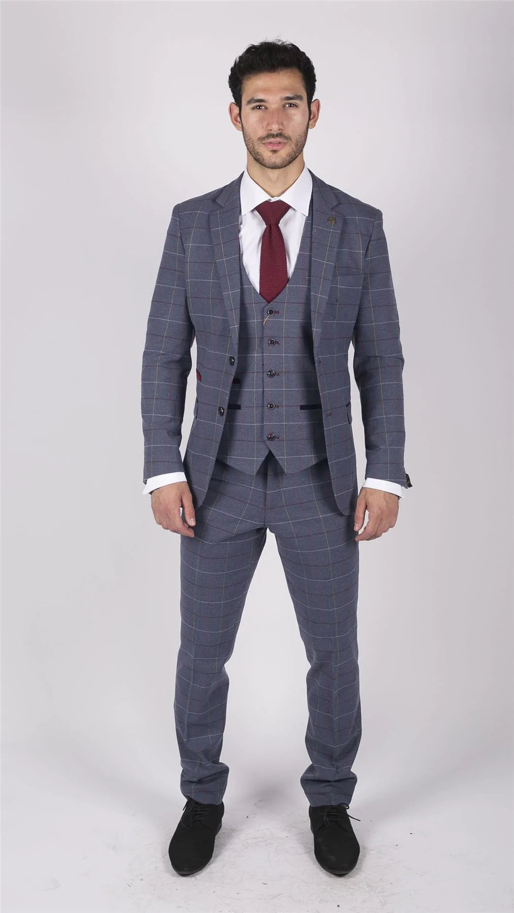 Muško Marc Darcy plavo-sivo crveno karirano odijelo od 3 dijela elegantno-ležerno, tvid slim kroja, boja Drake