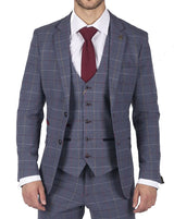 Muško Marc Darcy plavo-sivo crveno karirano odijelo od 3 dijela elegantno-ležerno, tvid slim kroja, boja Drake