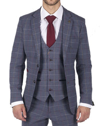 Muško Marc Darcy plavo-sivo crveno karirano odijelo od 3 dijela elegantno-ležerno, tvid slim kroja, boja Drake