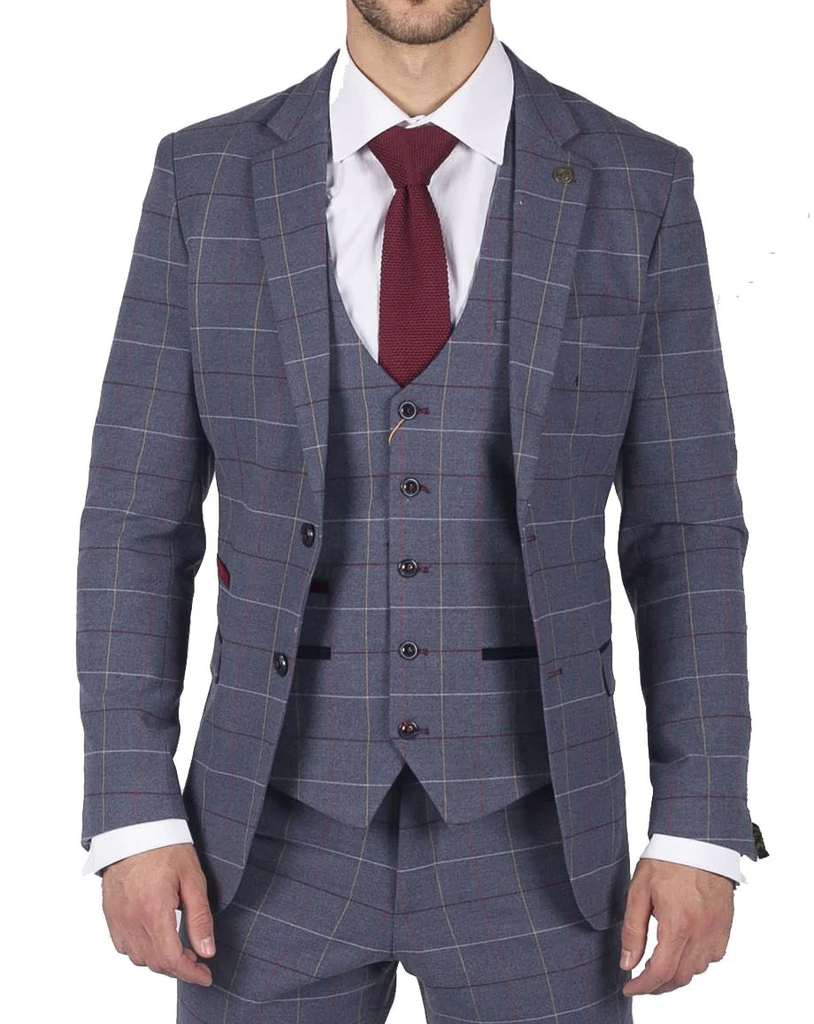 Muško Marc Darcy plavo-sivo crveno karirano odijelo od 3 dijela elegantno-ležerno, tvid slim kroja, boja Drake