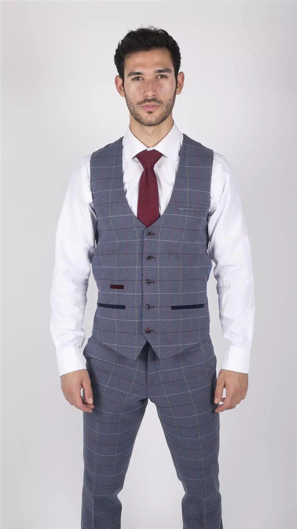 Muški Marc Darcy plavo-sivo-crveni karirani prsluk elegantnog ležernog tvida uskog kroja, Drake