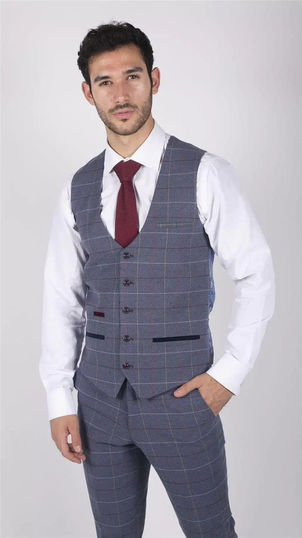Muški Marc Darcy plavo-sivo-crveni karirani prsluk elegantnog ležernog tvida uskog kroja, Drake