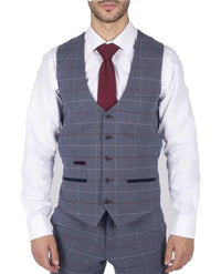 Muški Marc Darcy plavo-sivo-crveni karirani prsluk elegantnog ležernog tvida uskog kroja, Drake