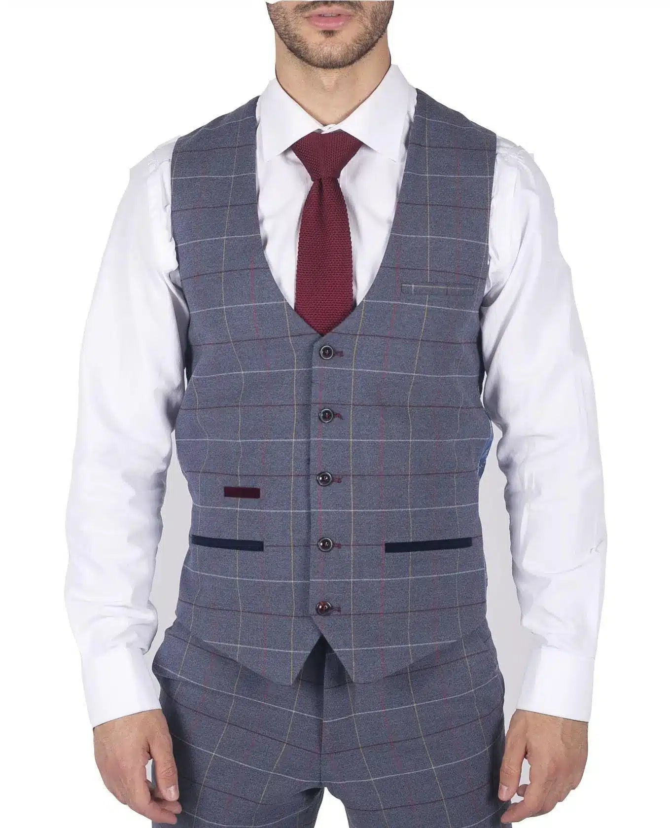 Muški Marc Darcy plavo-sivo-crveni karirani prsluk elegantnog ležernog tvida uskog kroja, Drake