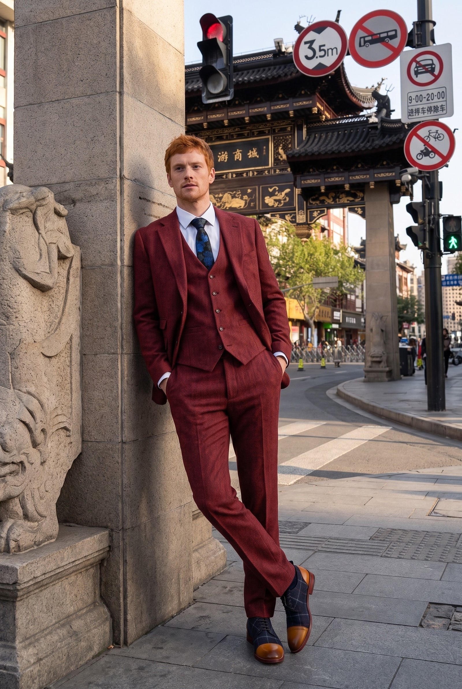 Look #271 styled with Muško odijelo od tvida s uzorkom riblje kosti, boje vinove loze i 3 dijela - STZ11