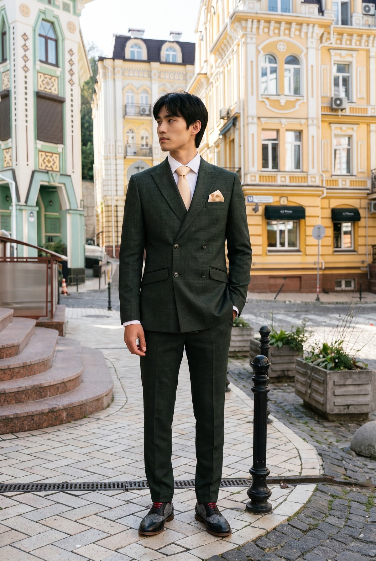 Look #780 styled with Caridi - Muško dvodijelno maslinasto zeleno odijelo s dvostrukim kopčanjem