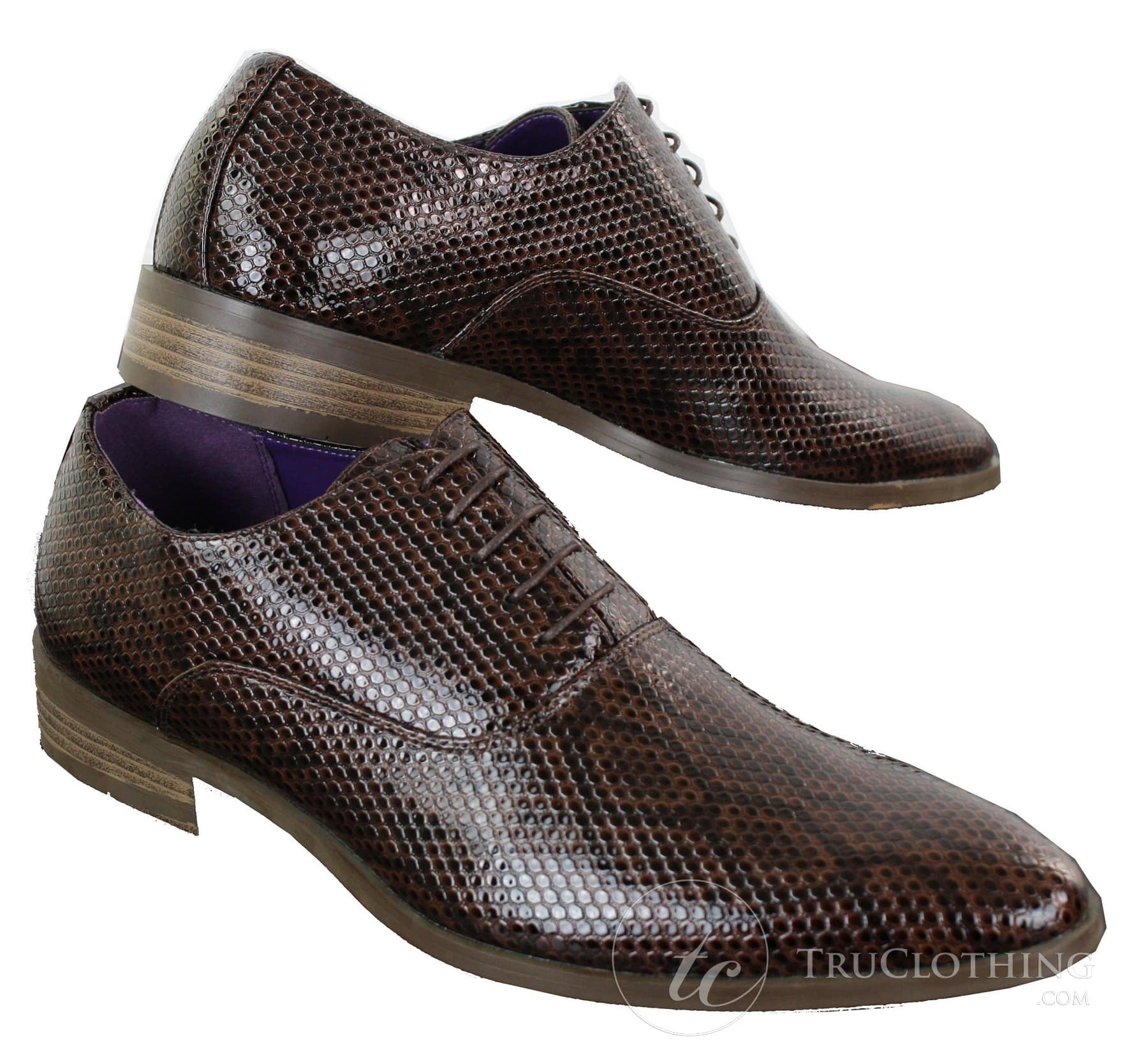 Elong EL0536 - Muške elegantne formalne cipele s vezicama, smeđe i crne, od zmijske sjajne lakirane kože, klasične