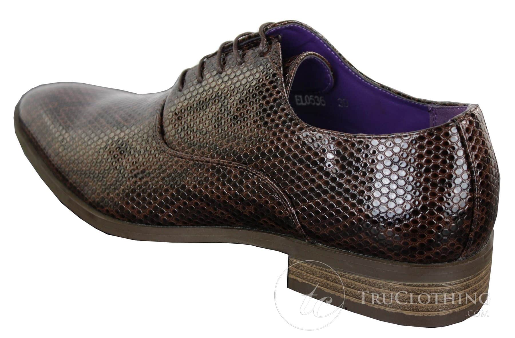 Elong EL0536 - Muške elegantne formalne cipele s vezicama, smeđe i crne, od zmijske sjajne lakirane kože, klasične