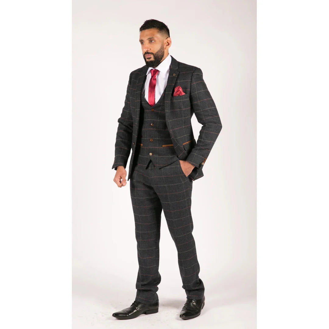 Muško tamnoplavo tvidasto vintage odijelo od 3 dijela s uzorkom riblje kosti, vinsko karirano, Marc Darcy