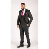 Muško tamnoplavo tvidasto vintage odijelo od 3 dijela s uzorkom riblje kosti, vinsko karirano, Marc Darcy