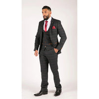 Muško tamnoplavo tvidasto vintage odijelo od 3 dijela s uzorkom riblje kosti, vinsko karirano, Marc Darcy