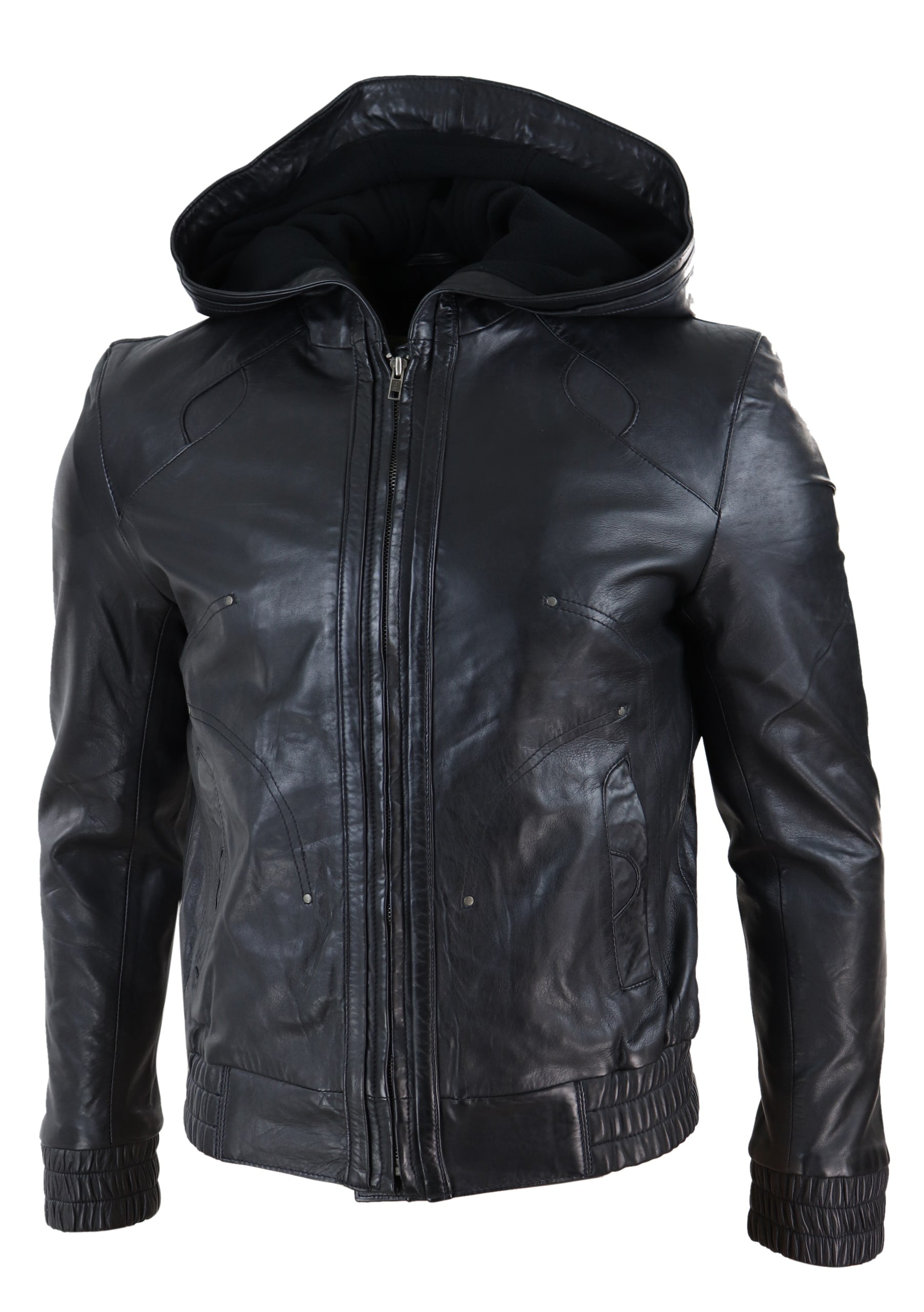 Muška crna kožna bomber jakna s kapuljačom
