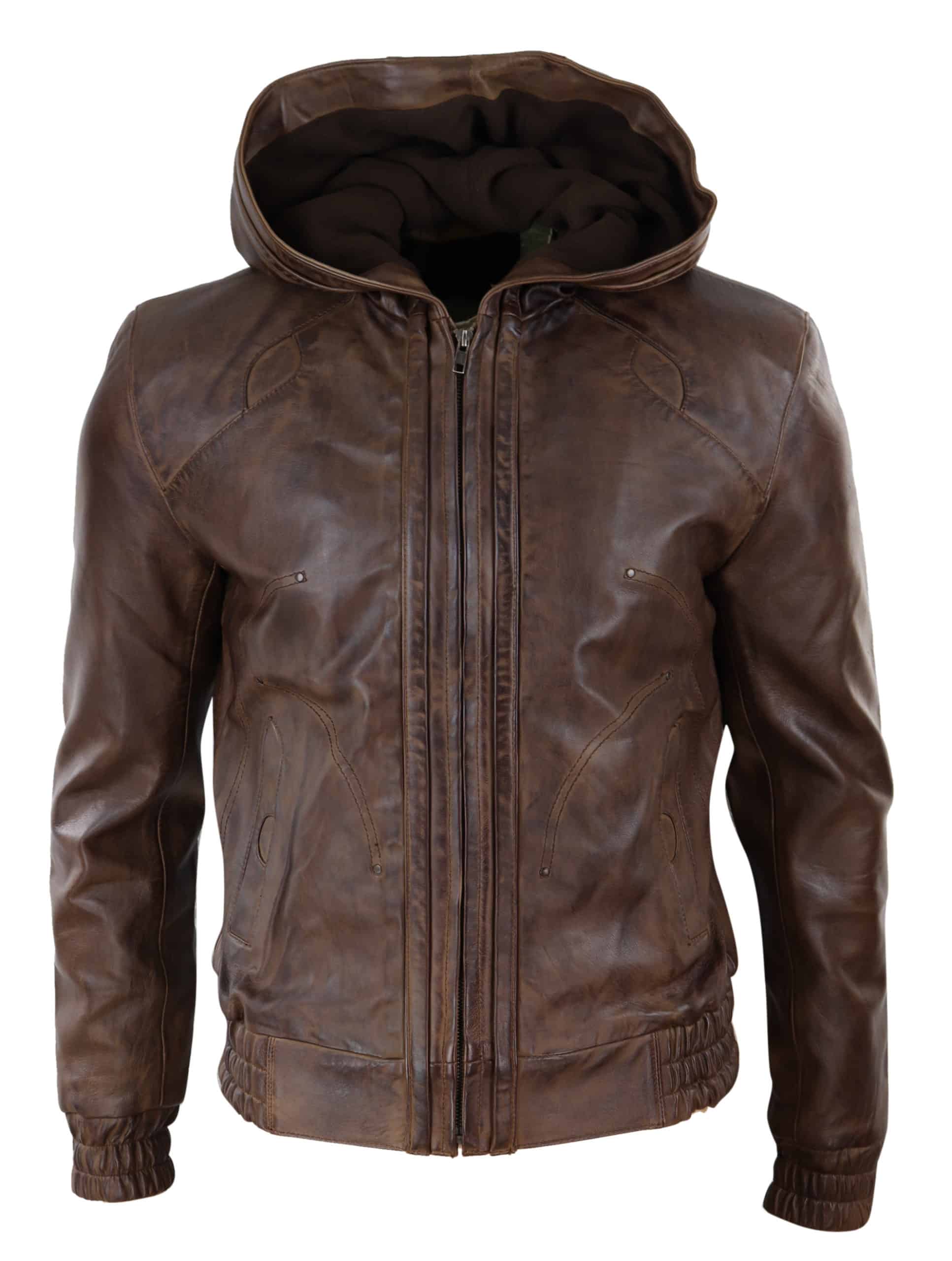 Muška smeđa kožna bomber jakna s kapuljačom