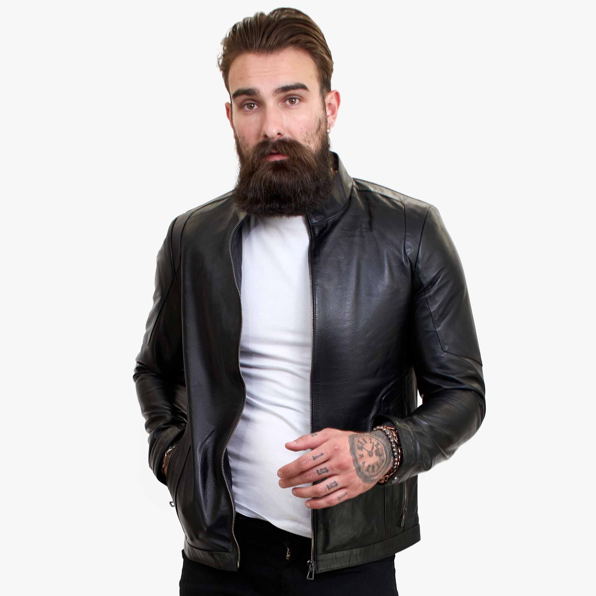 Happy Gentleman B102 - Muška crna bajkerska jakna od prave kože kroja