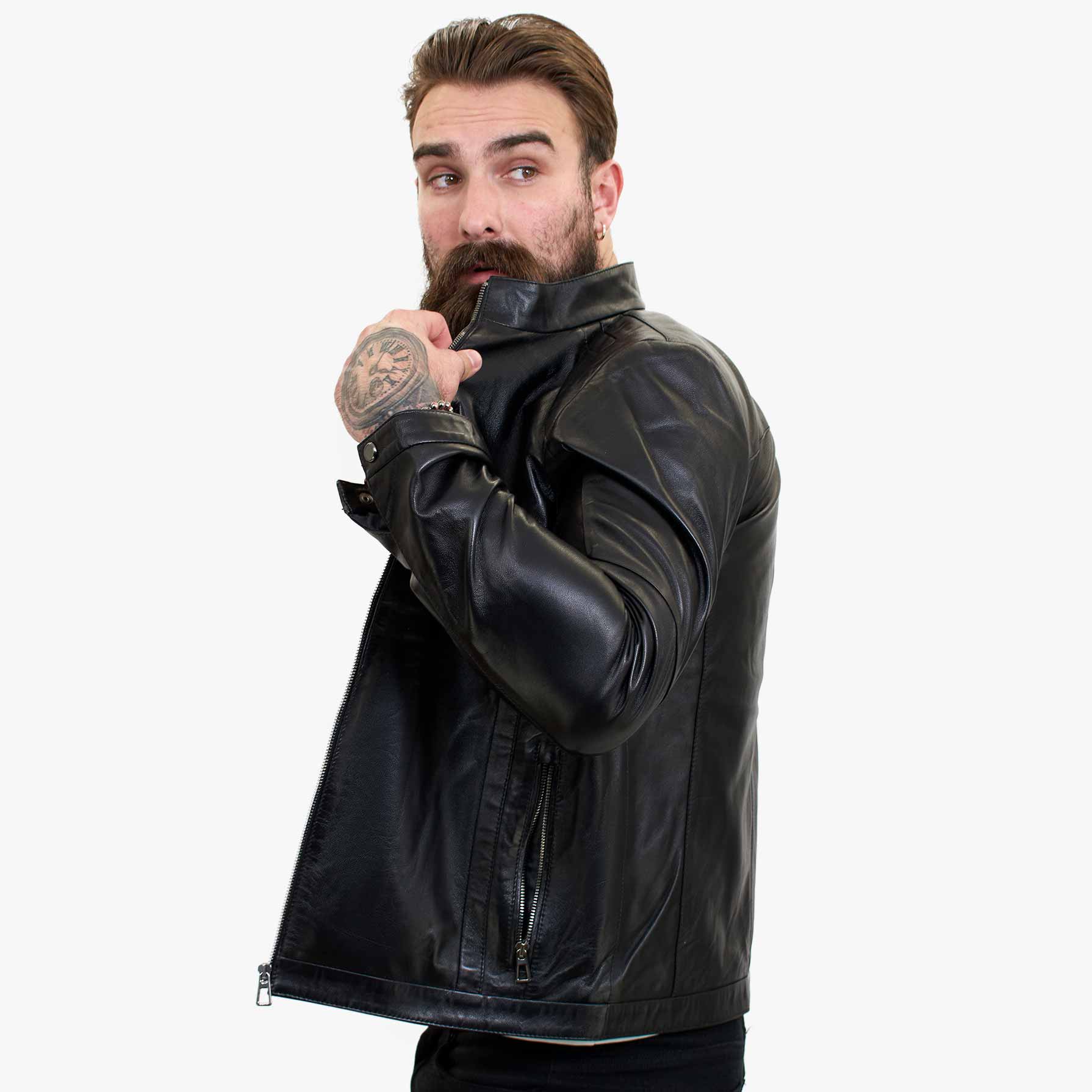 Happy Gentleman B102 - Muška crna bajkerska jakna od prave kože kroja