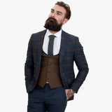 Happy Gentleman GRAZIE Tamnoplavo vuneno odijelo od 3 dijela s kontrastnim smeđim prslukom