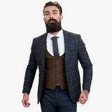 Happy Gentleman GRAZIE Tamnoplavo vuneno odijelo od 3 dijela s kontrastnim smeđim prslukom