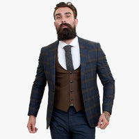 Happy Gentleman GRAZIE Tamnoplavo vuneno odijelo od 3 dijela s kontrastnim smeđim prslukom