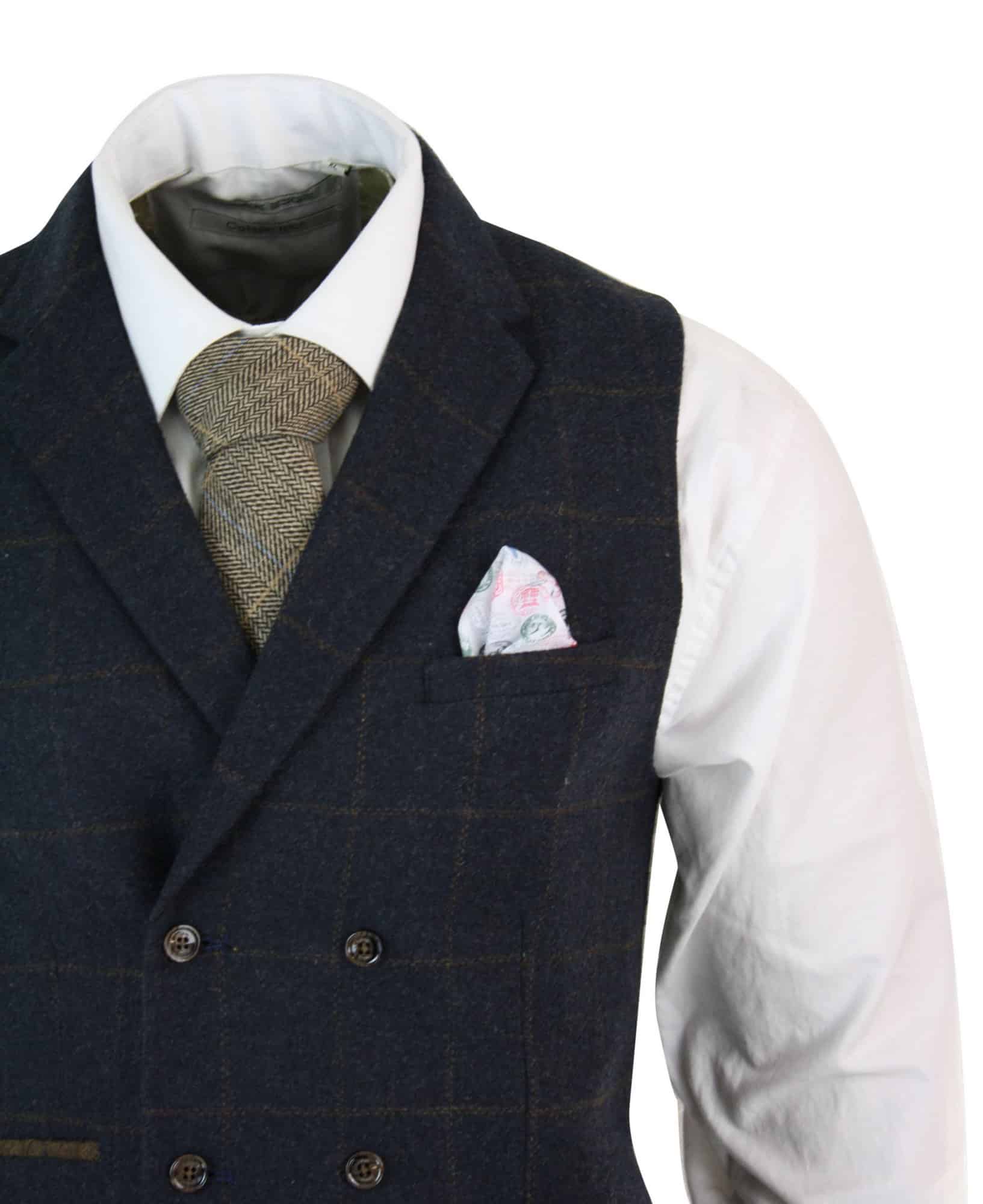 Muški prsluk Peaky Blinders s dvostrukim kopčanjem u tvidu, vintage kariranim uzorkom, tamnoplave boje