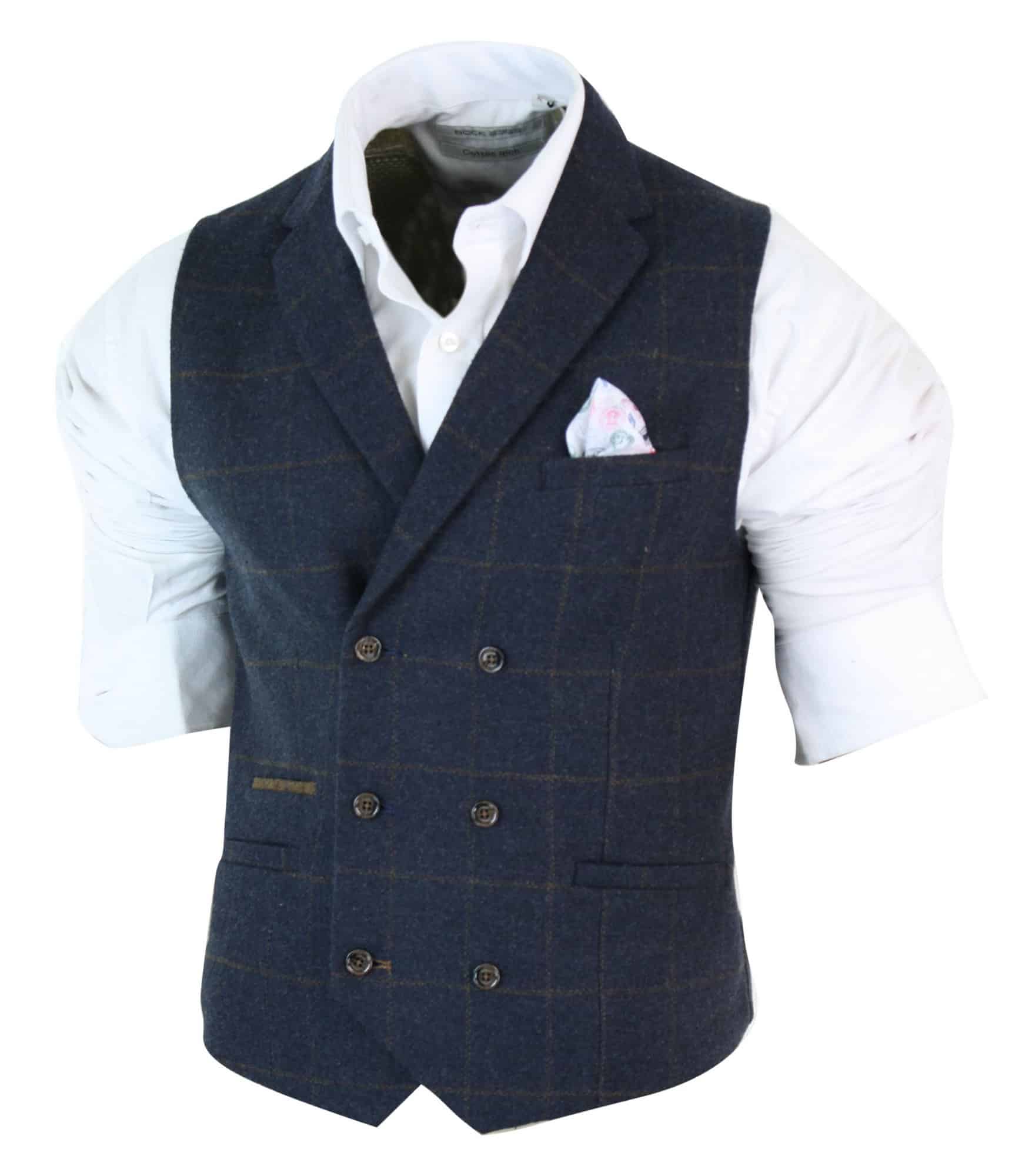 Muški prsluk Peaky Blinders s dvostrukim kopčanjem u tvidu, vintage kariranim uzorkom, tamnoplave boje