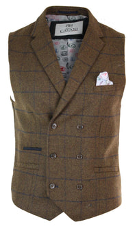 Muški prsluk Peaky Blinders s dvostrukim kopčanjem u tvidu, vintage kariranim uzorkom, u boji riblje kosti, smeđe boje