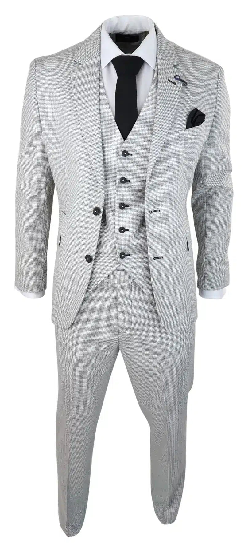 Muško odijelo od 3 dijela, svijetlo sivo crno, karirano, krojeno, retro, vintage, klasično, elegantno