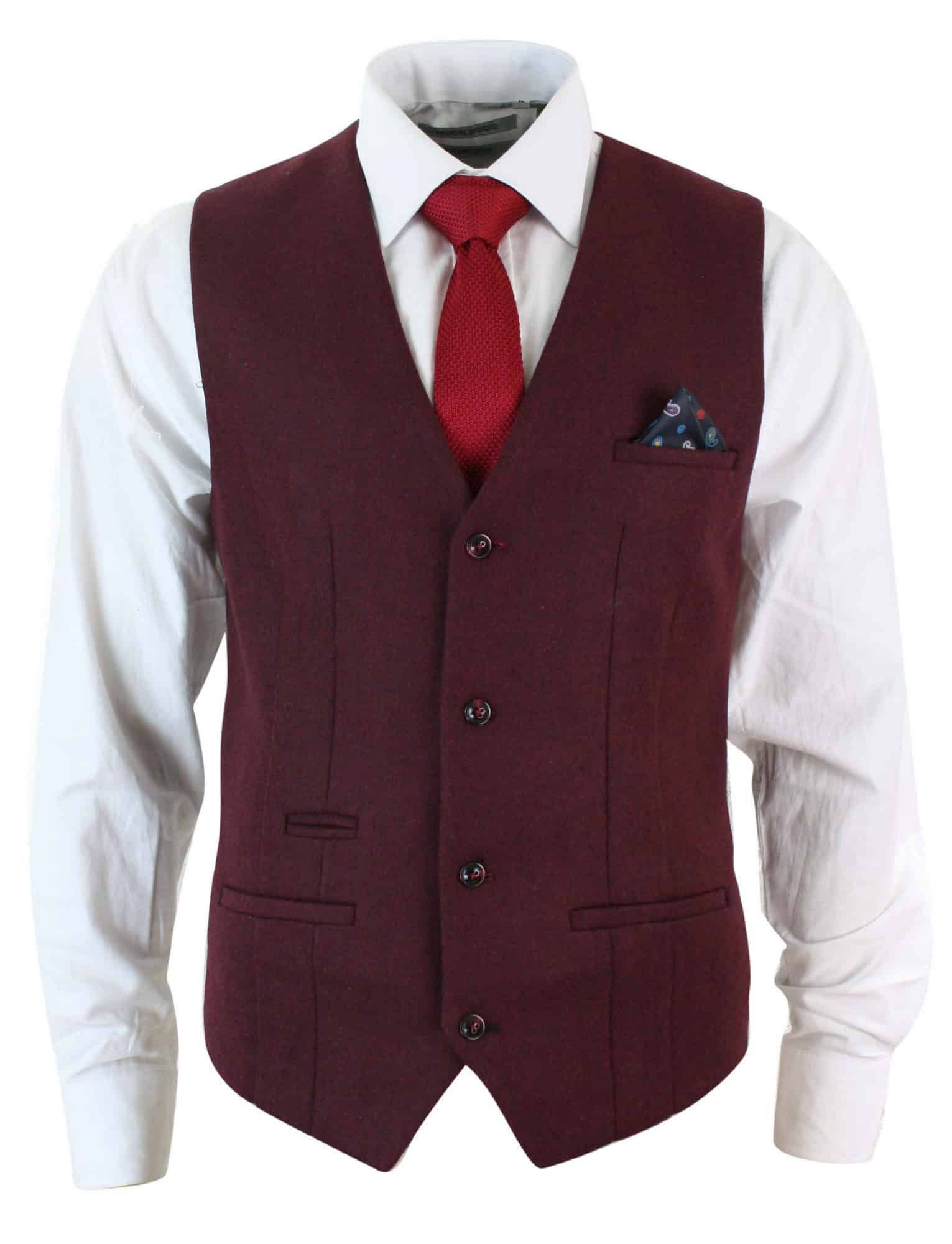 Marc Darcy Len Mati - Muški uski kroj, bordo, kestenjasti, crni, tvidasti vintage retro prsluk s uzorkom riblje kosti