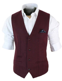 Marc Darcy Len Mati - Muški uski kroj, bordo, kestenjasti, crni, tvidasti vintage retro prsluk s uzorkom riblje kosti