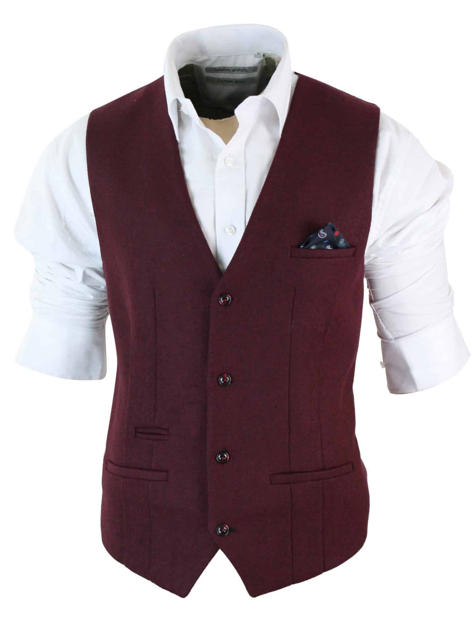 Marc Darcy Len Mati - Muški uski kroj, bordo, kestenjasti, crni, tvidasti vintage retro prsluk s uzorkom riblje kosti
