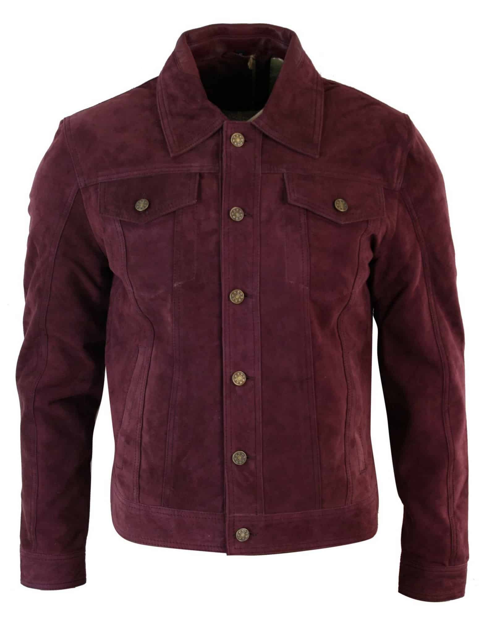 Muška kratka traper jakna od prave kože, vintage stil, retro, ležerna - bordo boja