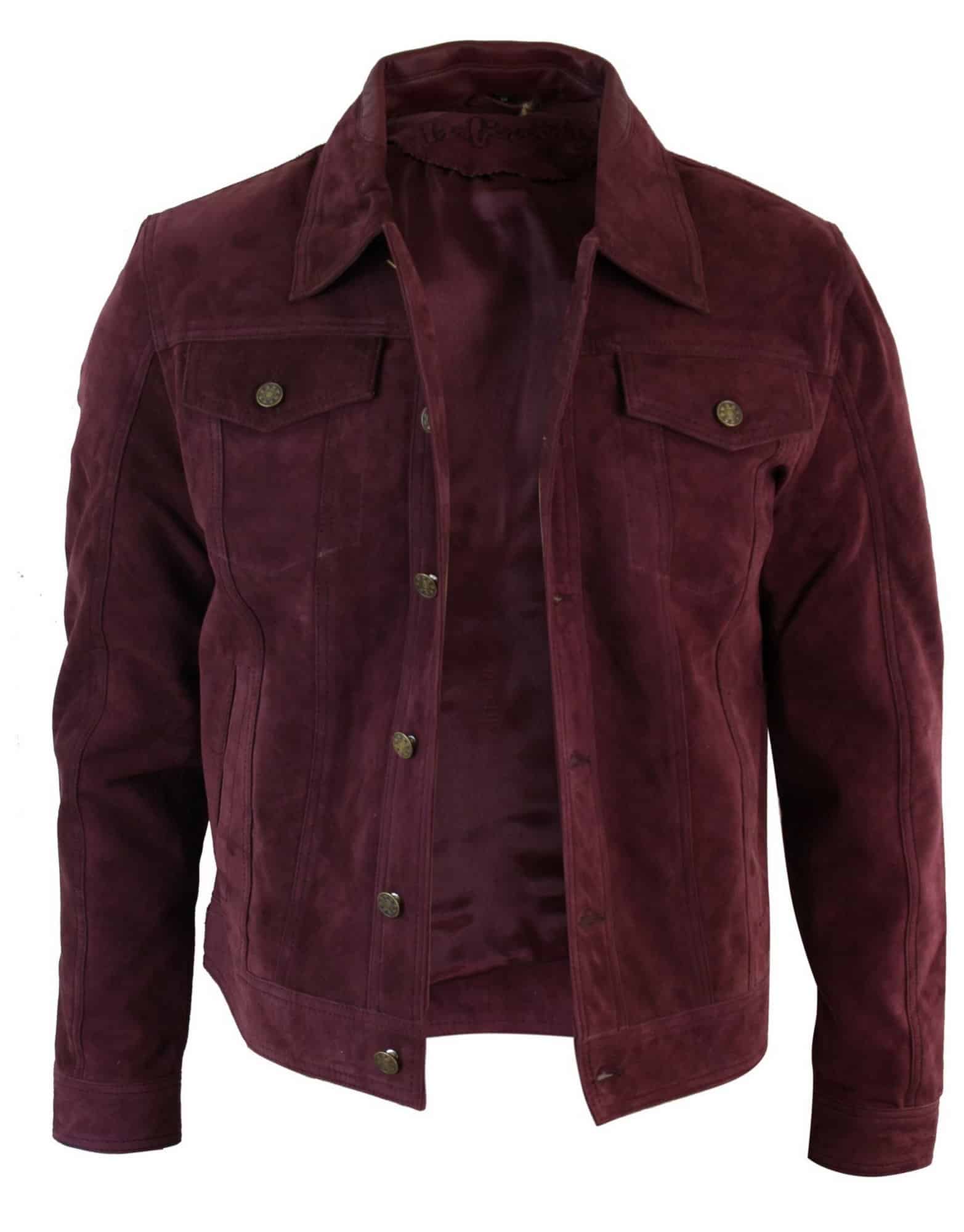 Muška kratka traper jakna od prave kože, vintage stil, retro, ležerna - bordo boja