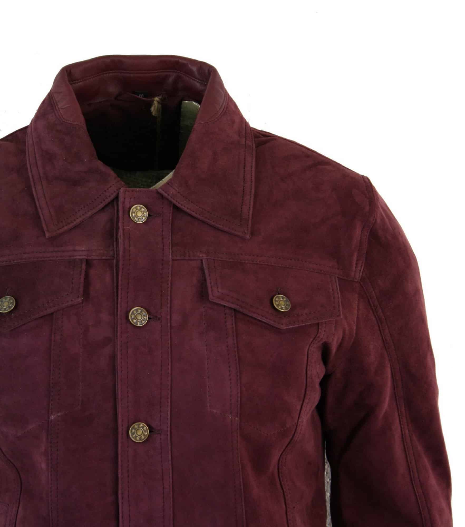 Muška kratka traper jakna od prave kože, vintage stil, retro, ležerna - bordo boja