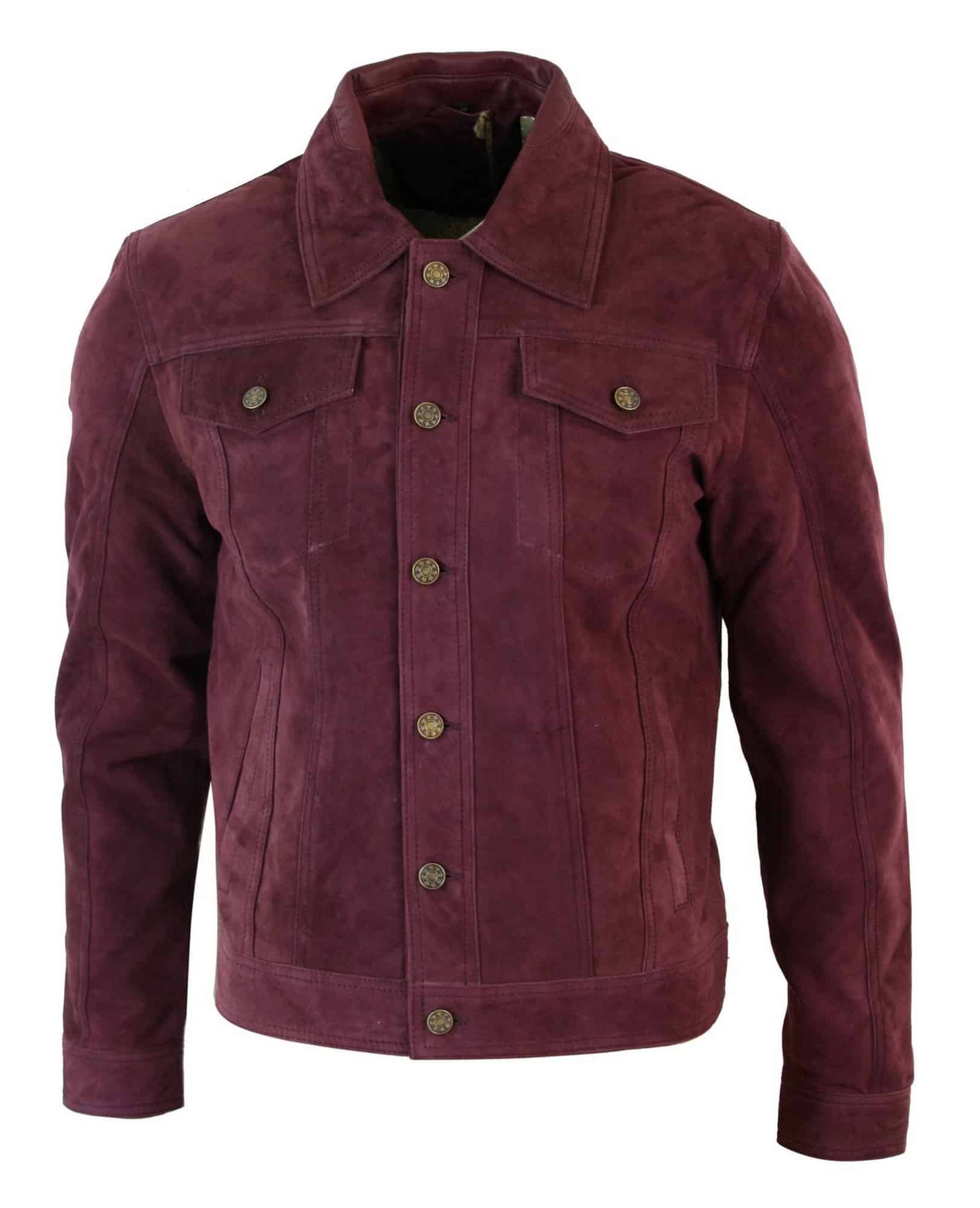 Muška kratka traper jakna od prave kože, vintage stil, retro, ležerna - bordo boja