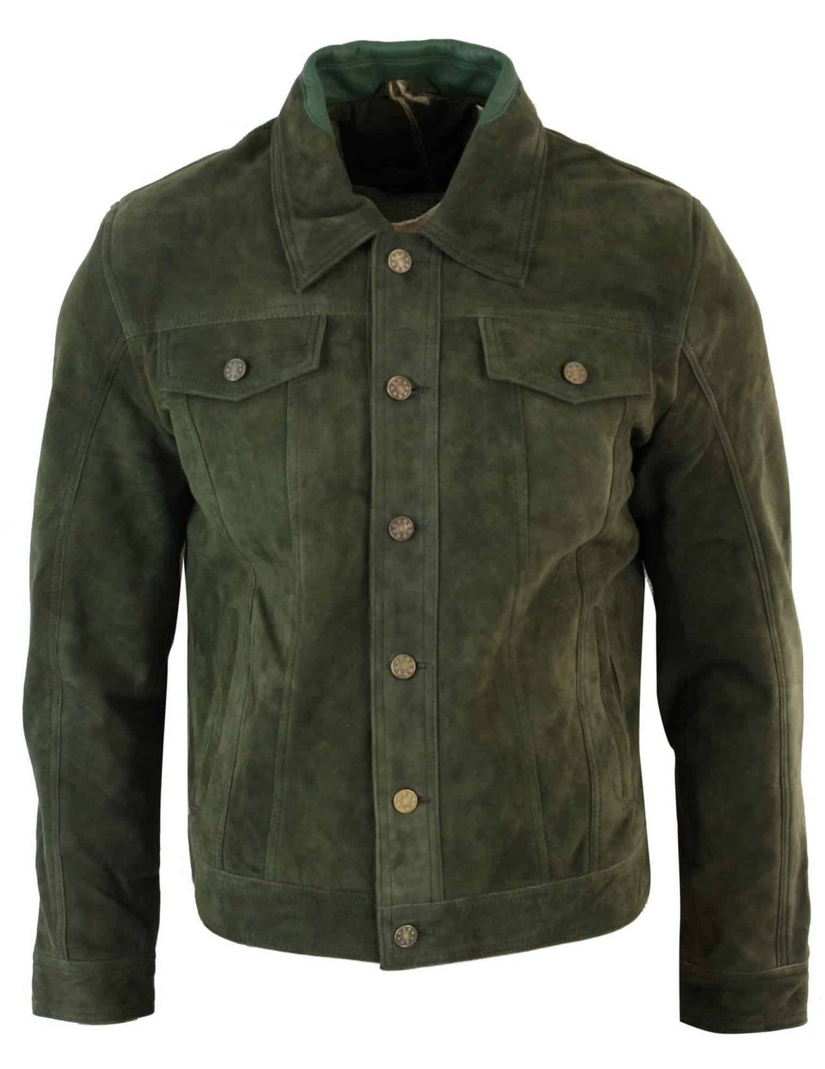 Muška kratka traper jakna od prave kože, vintage stil, retro, ležerna - maslinasta boja
