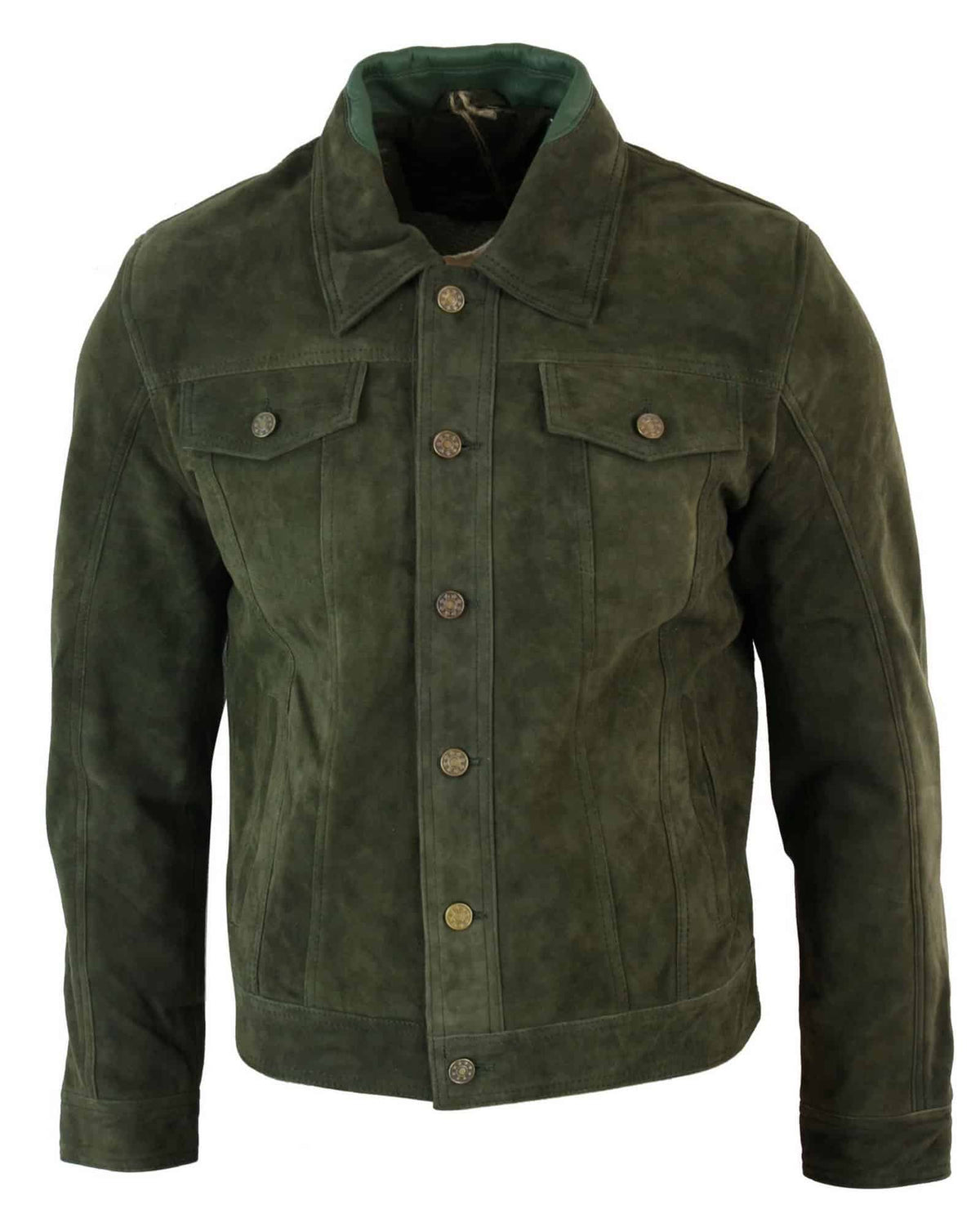 Muška kratka traper jakna od prave kože, vintage stil, retro, ležerna - maslinasta boja
