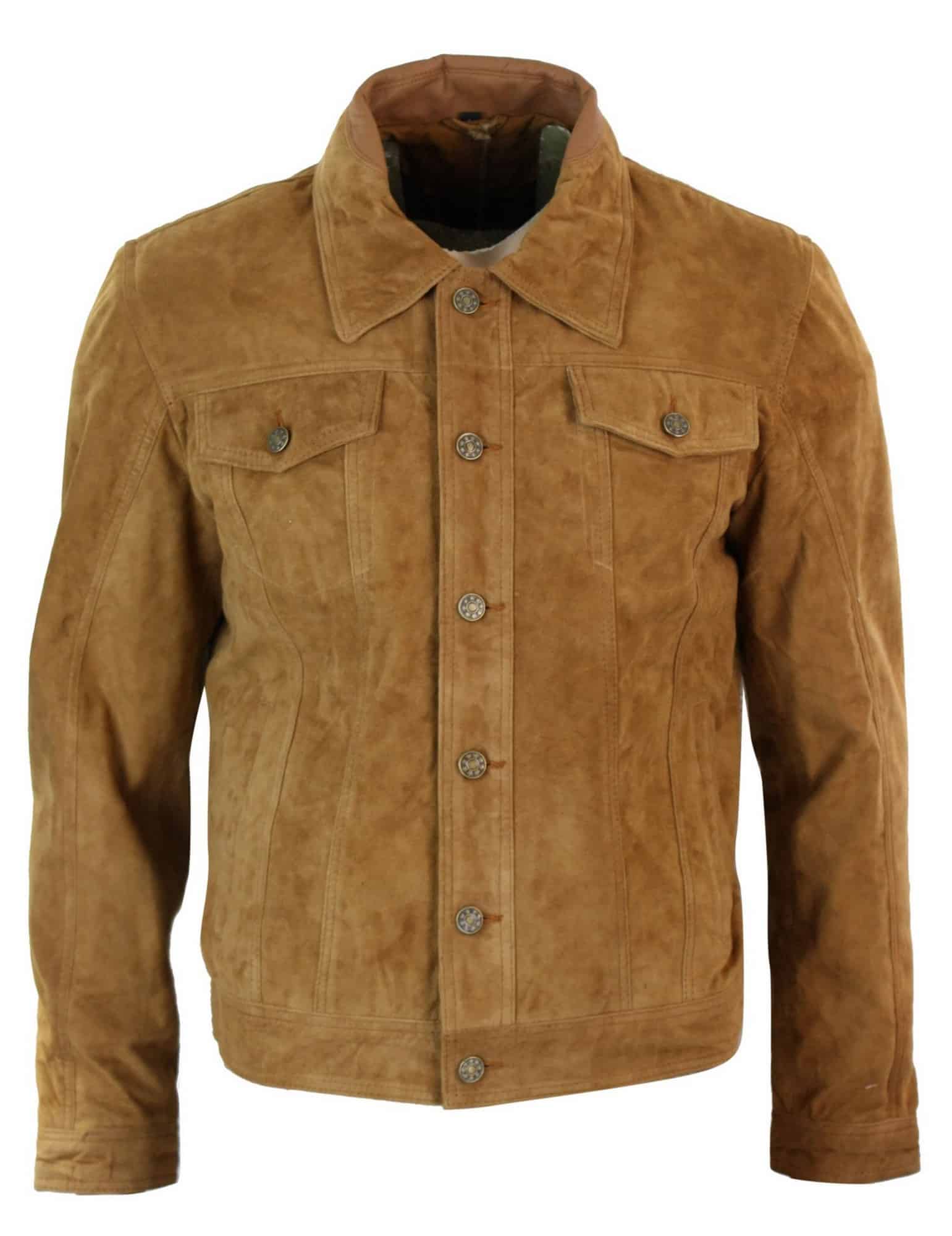 Muška kratka traper jakna od prave kože, vintage stil, retro, ležerna - smeđa