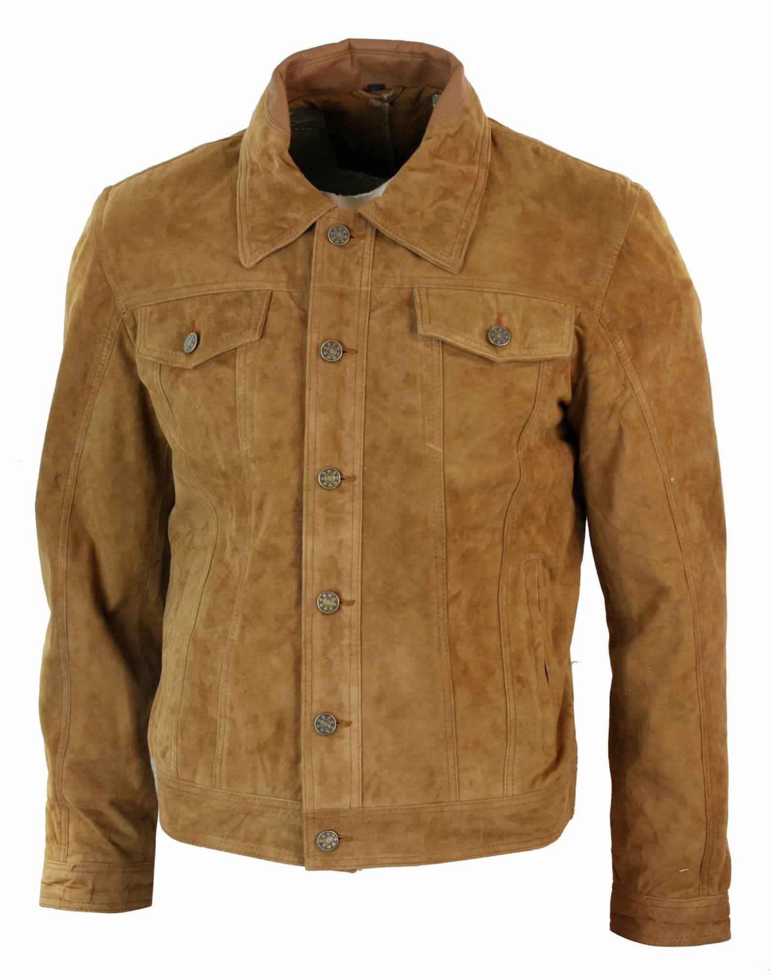 Muška kratka traper jakna od prave kože, vintage stil, retro, ležerna - smeđa