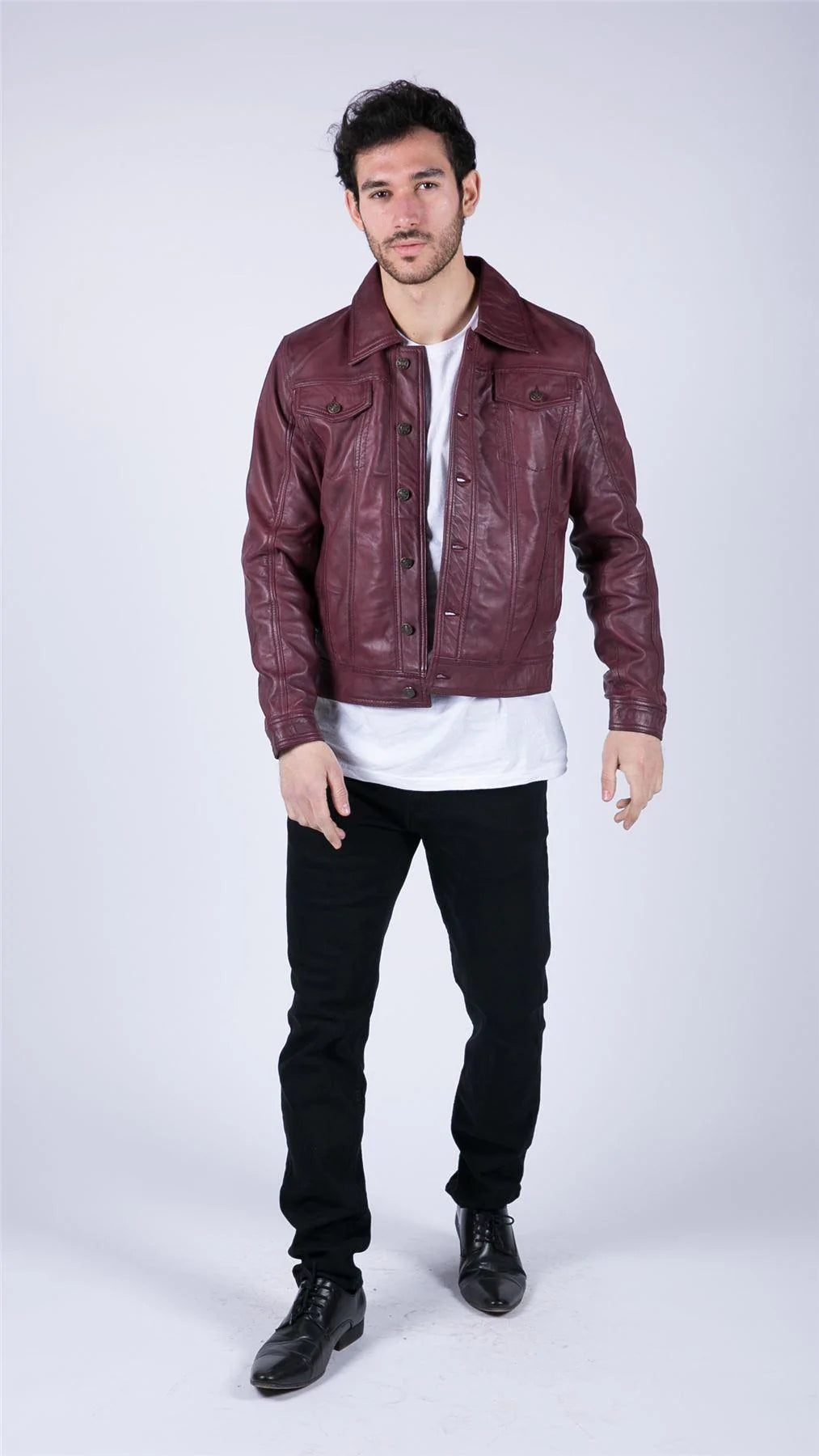 Muška kožna jakna, bordo vino, retro stil traperica, Brando Classic