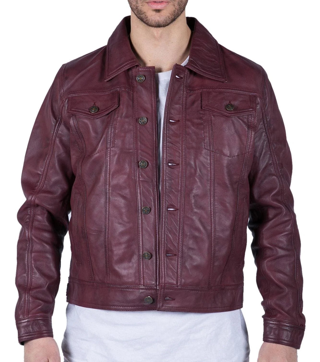 Muška kožna jakna, bordo vino, retro stil traperica, Brando Classic