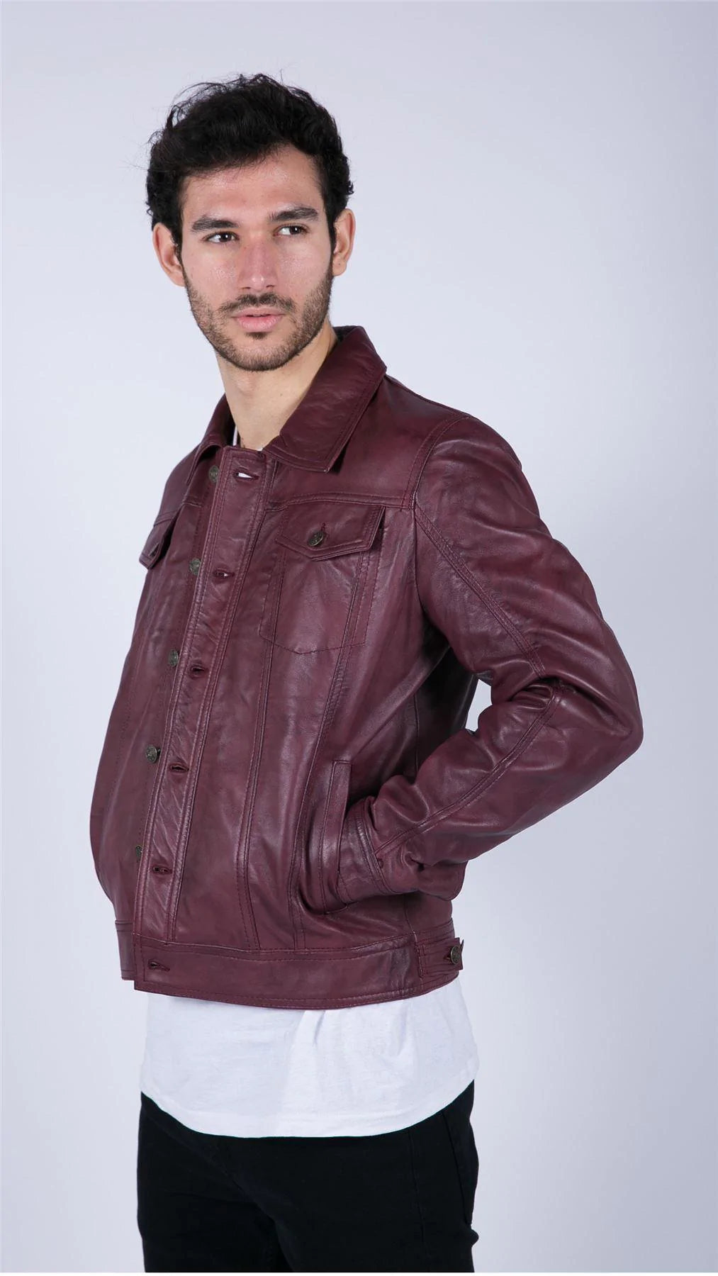 Muška kožna jakna, bordo vino, retro stil traperica, Brando Classic