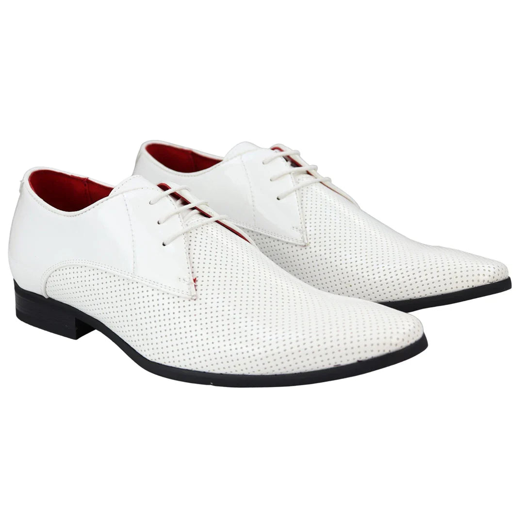Muške elegantne formalne cipele, perforirane, špicaste, bijele, lakirane, PU